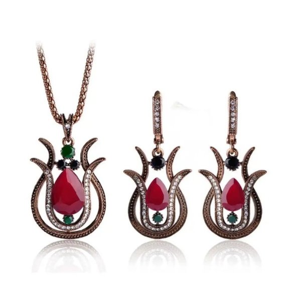 Vintage Style Red Tulip Flower Pendant Necklace Earrings Jewelry Set - Picture 5 of 8